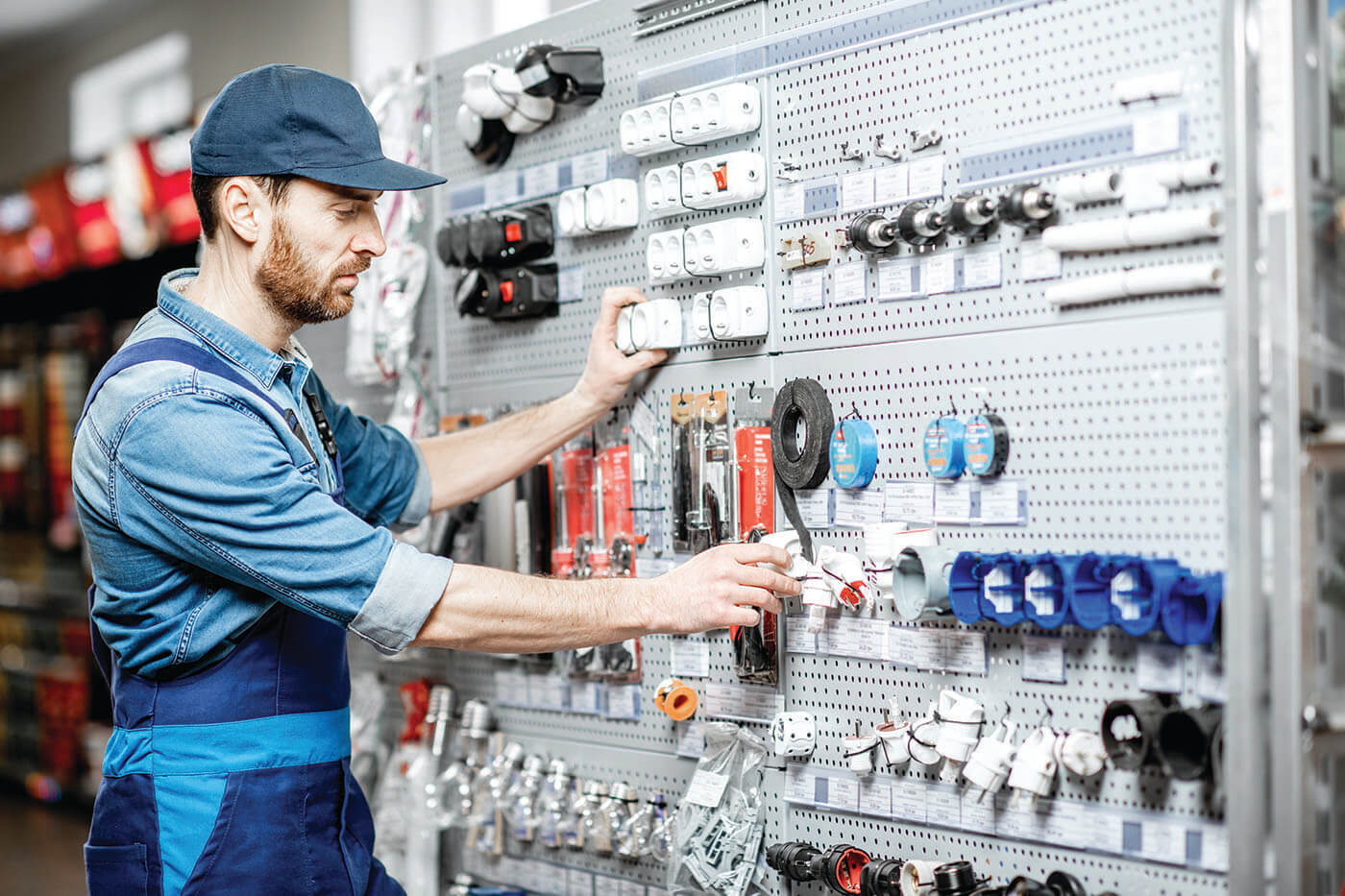 Electrician choosing electrical goods in the shop